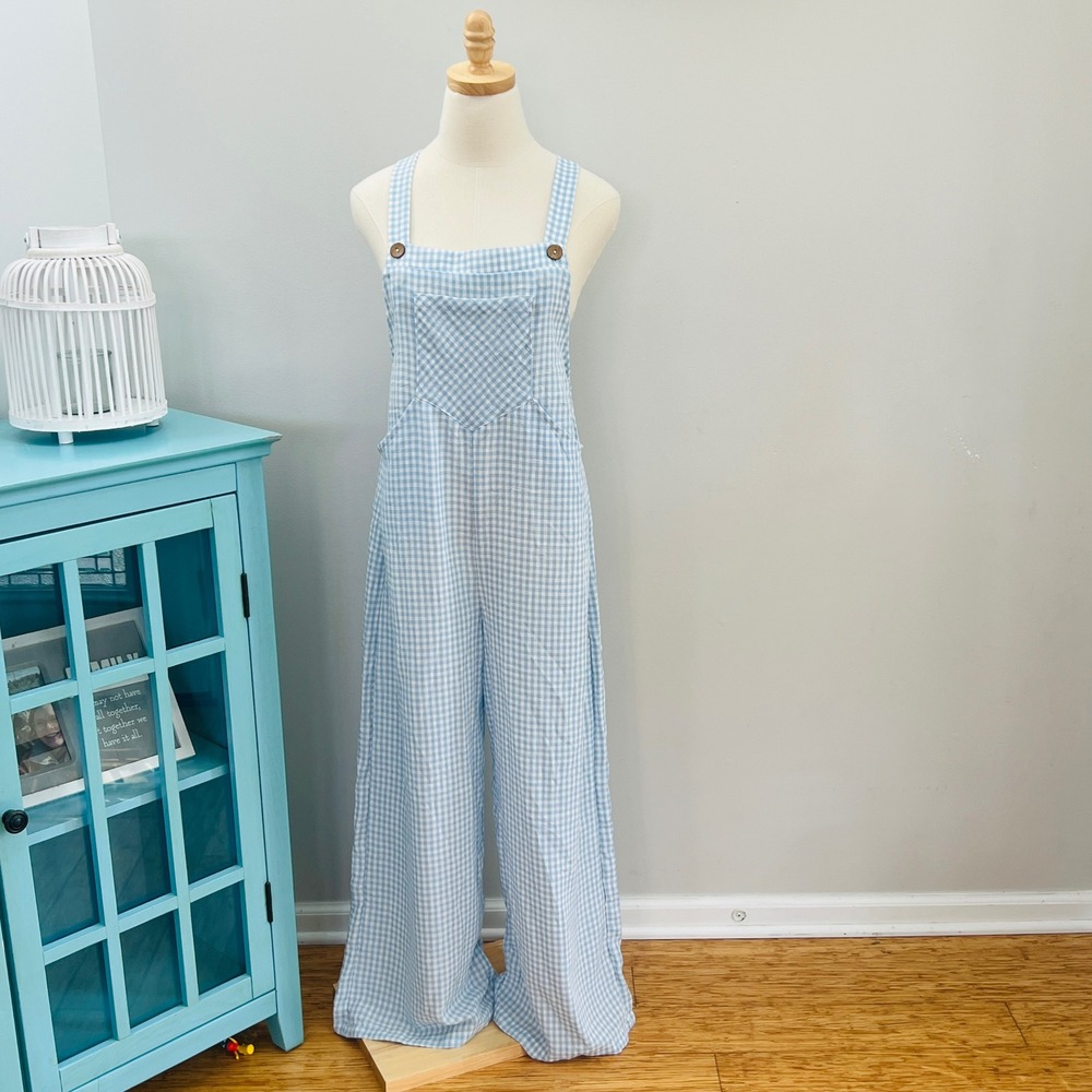Halara Blue White Gingham Plaid Wide Leg Overalls Size Small Adjustable Straps